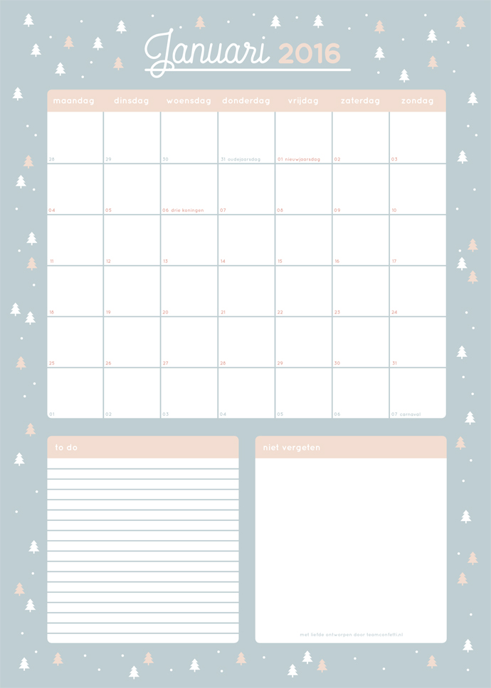 Beugel uitgebreid draad Free printable maandplanner januari 2016! | Team Confetti